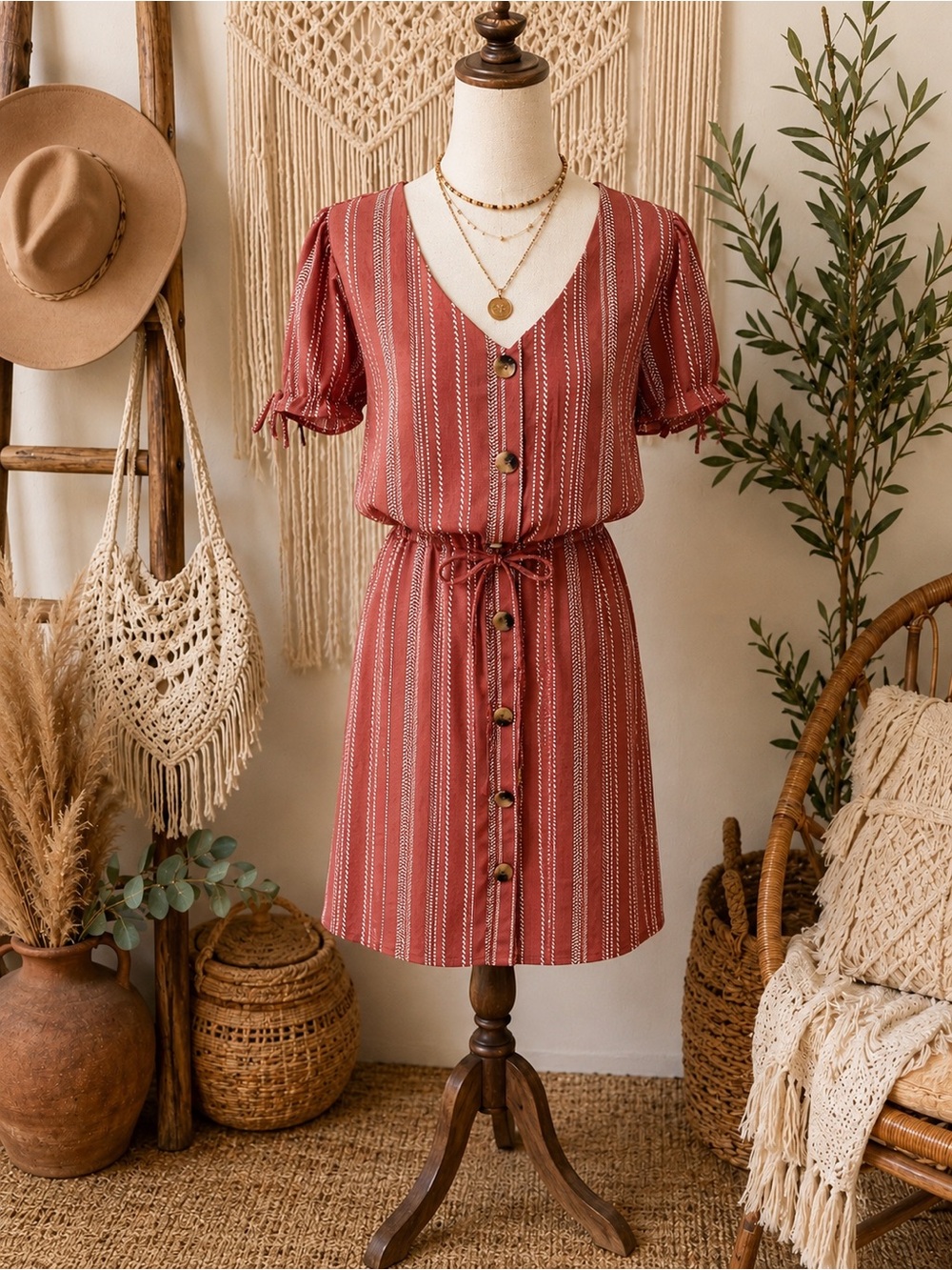 Blush Rust Striped Button-Front V-Neck Mini Dress